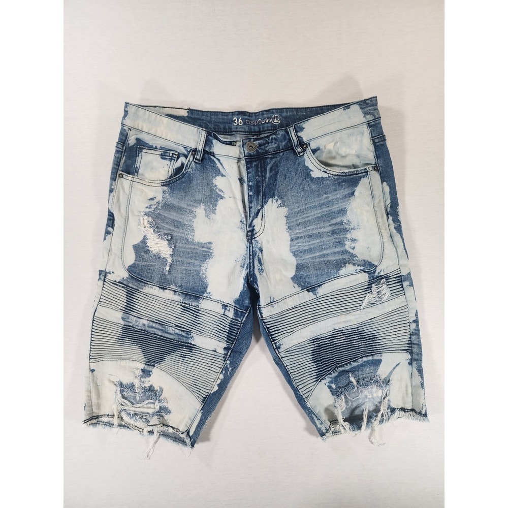 Crysp Denim Shorts Mens 36 Moto Acid Wash Raw Hem Distressed Blue Cotton Stretch